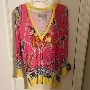 Double D Ranch Pink and Yellow V-Neck Top